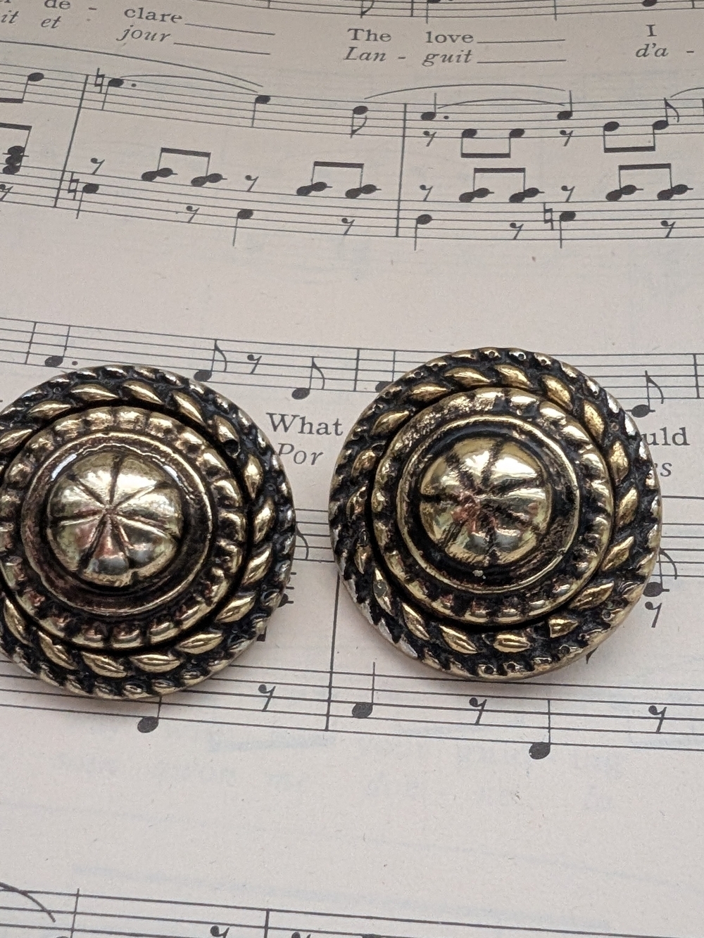 Vintage Pair of Gold-Tone Round Rope Button Earrings